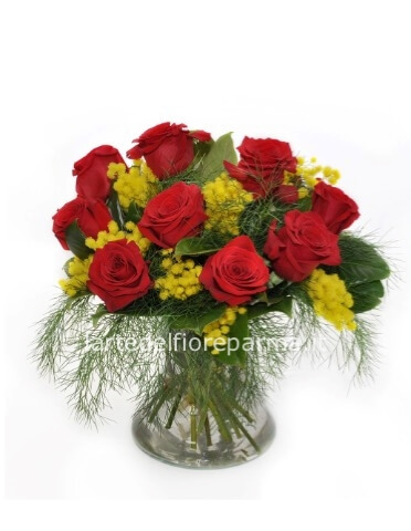 Bouquet di rose rosse e mimosa grande con prezzo a scelta del Cliente.
